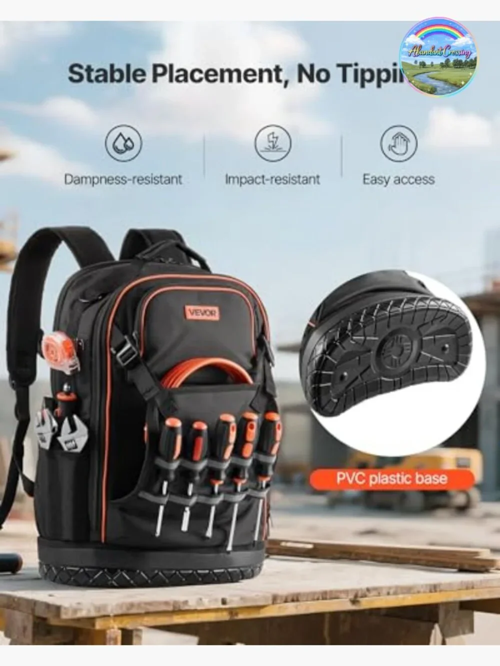 65-Pocket Heavy-Duty Tool Backpack with Laptop Compartment, Molded Base, Oxford